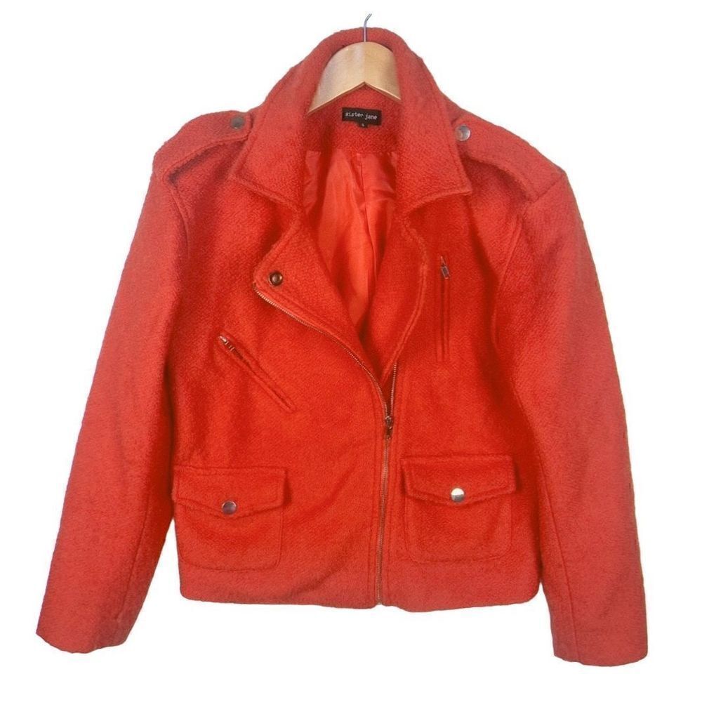 Sister Jane Tweed Boucle Moto Jacket Biker Wool Blend Orange women’s size S